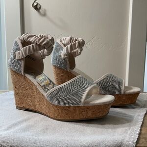 NWOT - Sugar Cream and rhinestone Wedge Shoes with criss-cross straps